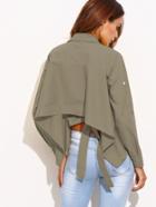 Romwe Olive Green Roll Tab Sleeve Tie Back High Low Blouse