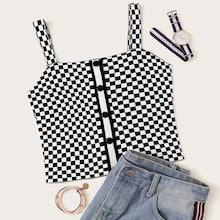 Romwe Button Front Checked Cami Top