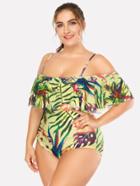 Romwe Palm Print Flounce Swimsuit