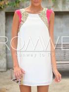 Romwe White Sleeveless Color Block Sequined Shift Dress