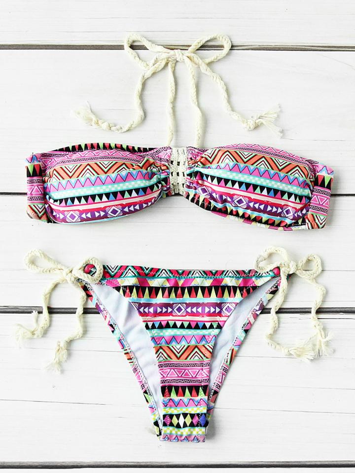 Romwe Weave Strap Halter Geometric Print Two Piece Swimwear