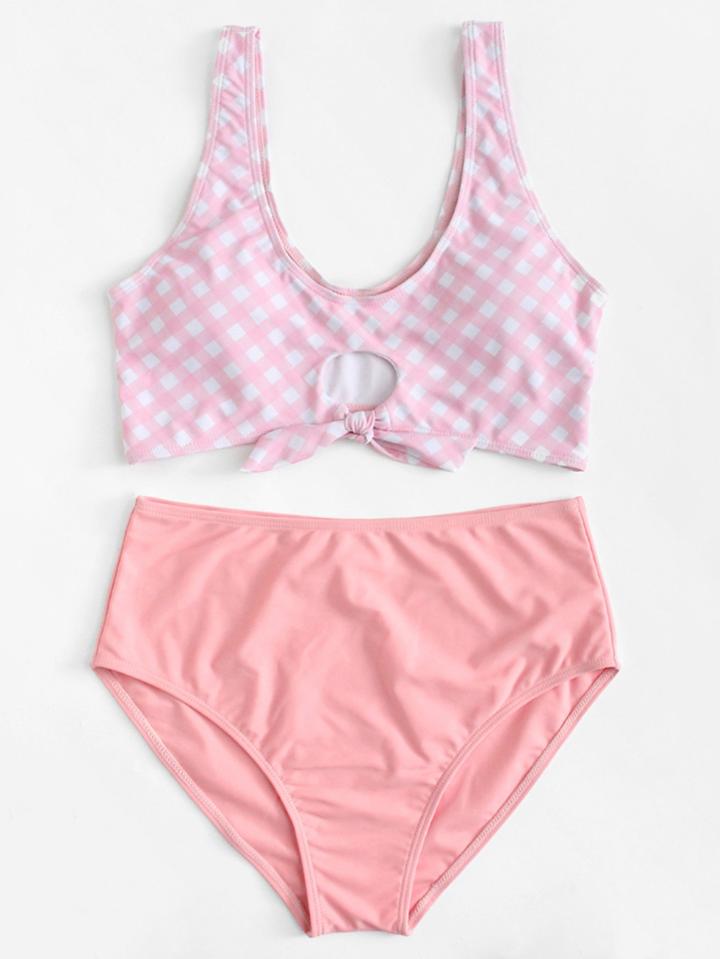 Romwe Plaid Knot Front Bikini Set