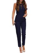 Romwe Sleeveless Lace Insert Slim Royal Blue Jumpsuit