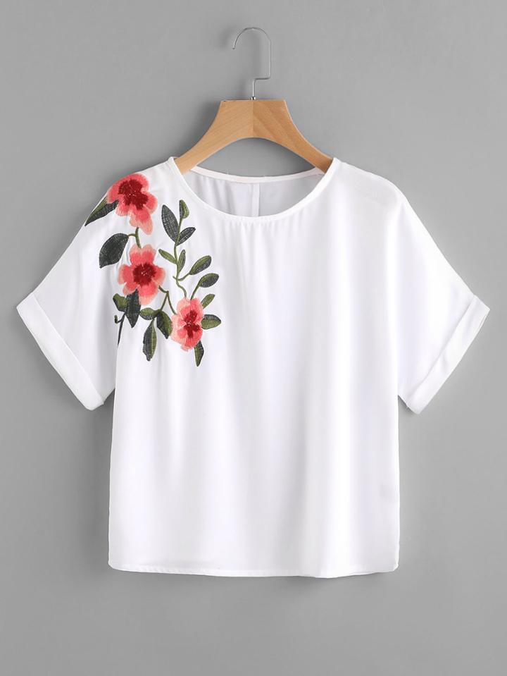 Romwe Rolled Cuff Embroidery Crop Tee