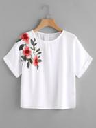 Romwe Rolled Cuff Embroidery Crop Tee
