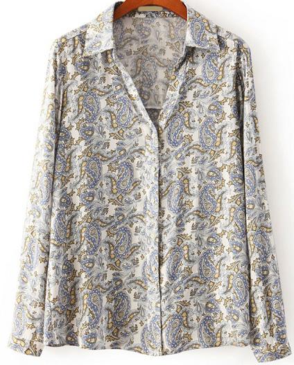 Romwe Cashews Print Lapel Grey Blouse