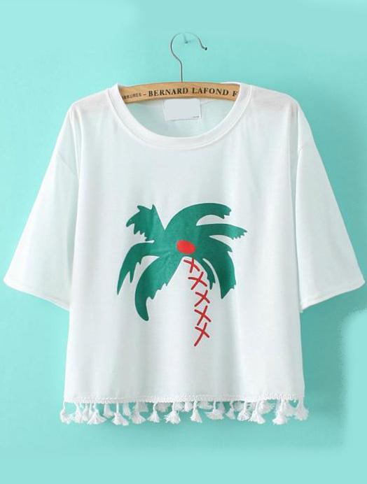 Romwe Coconut Tree Print Tassel White T-shirt