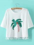 Romwe Coconut Tree Print Tassel White T-shirt