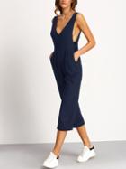 Romwe Navy Deep V Neck Jumpsuit
