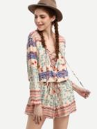 Romwe Colorful Print Lace Up Drawstring Waist Romper