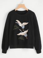 Romwe Crane Bird Embroidered Pullover