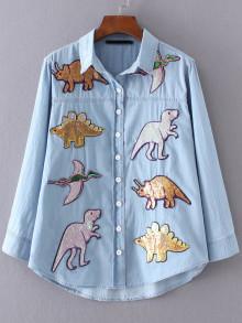 Romwe Sequin Dinosaur Dip Hem Shirt