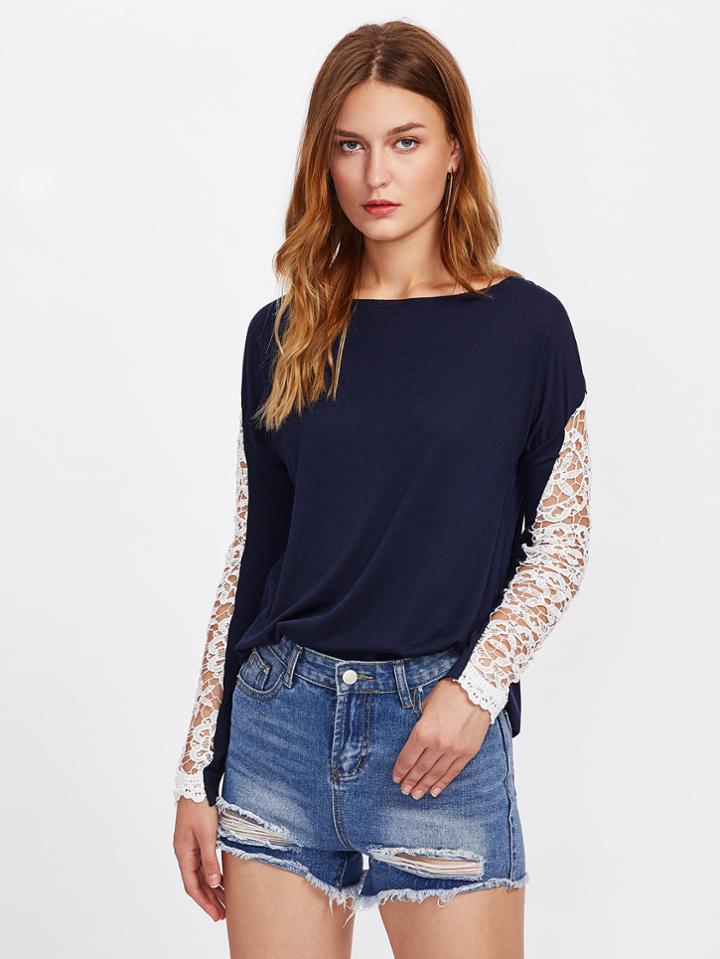 Romwe Hollow Out Crochet Insert Drop Shoulder Tee
