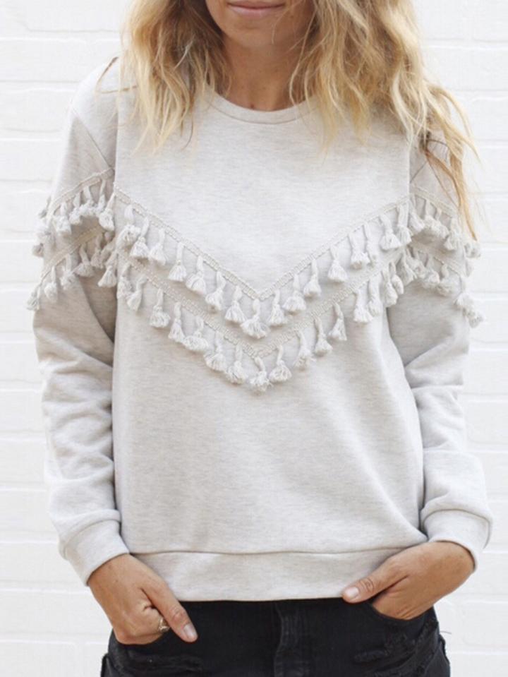Romwe Round Neck Fringe Loose Sweatshirt