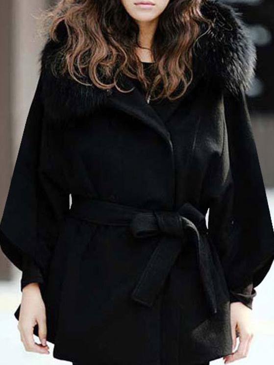 Romwe Hooded Belt Loose Black Coat
