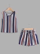 Romwe Striped Criss Cross Back Tank Top And Shorts Set
