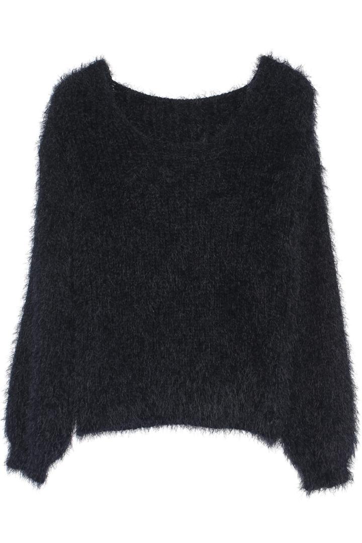 Romwe Fluffy Scoop Neck Black Jumper