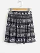 Romwe Elastic Waist Mixed Print Circle Skirt