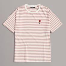 Romwe Guys Embroidered Floral Striped Tee