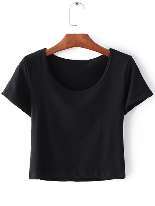 Romwe Black Round Neck Short Sleeve Crop T-shirt