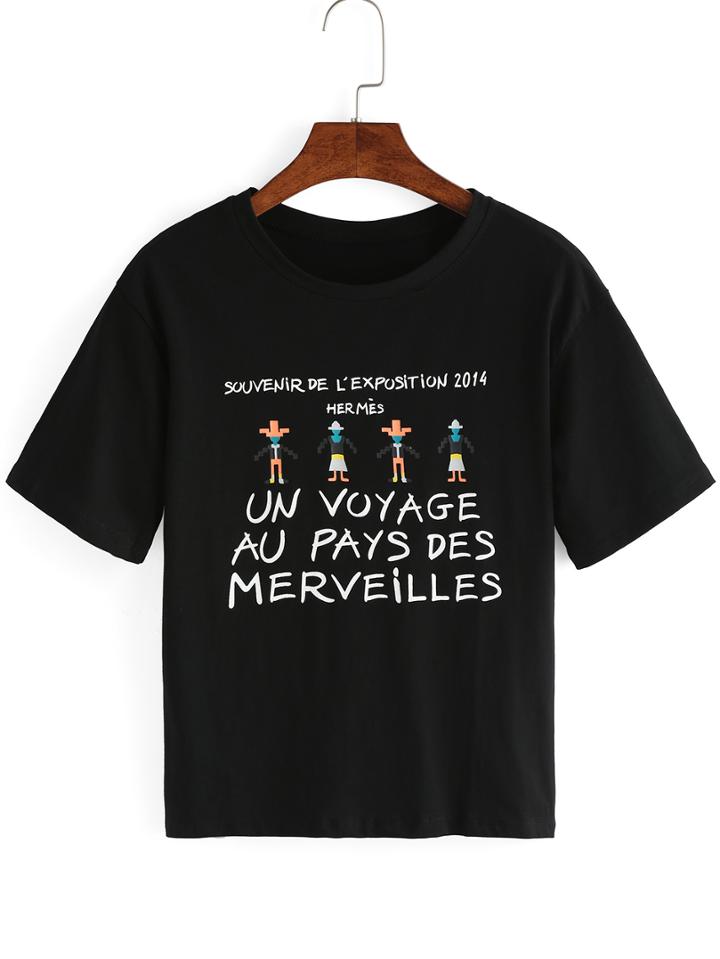 Romwe Cartoon & Letter Print T-shirt