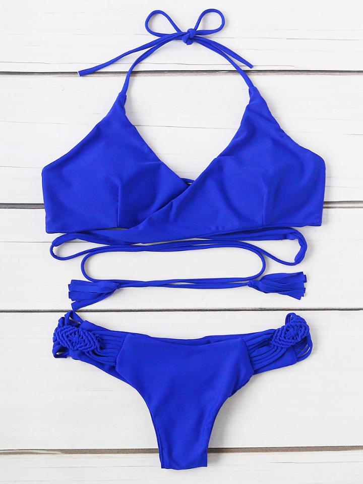 Romwe Crochet Detail Wrap Bikini Set