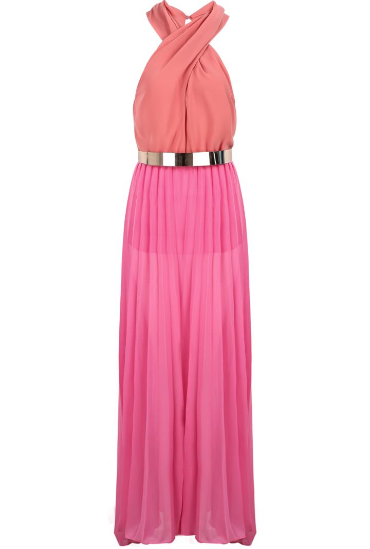 Romwe Halter Pleated Red Maxi Dress