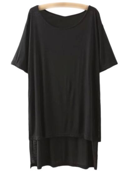 Romwe Black Scoop Neck Dipped Hem Casual T-shirt