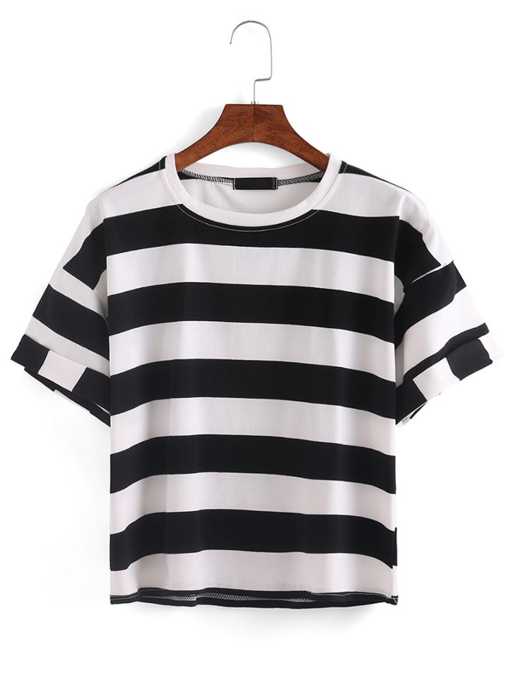 Romwe Black White Striped T-shirt