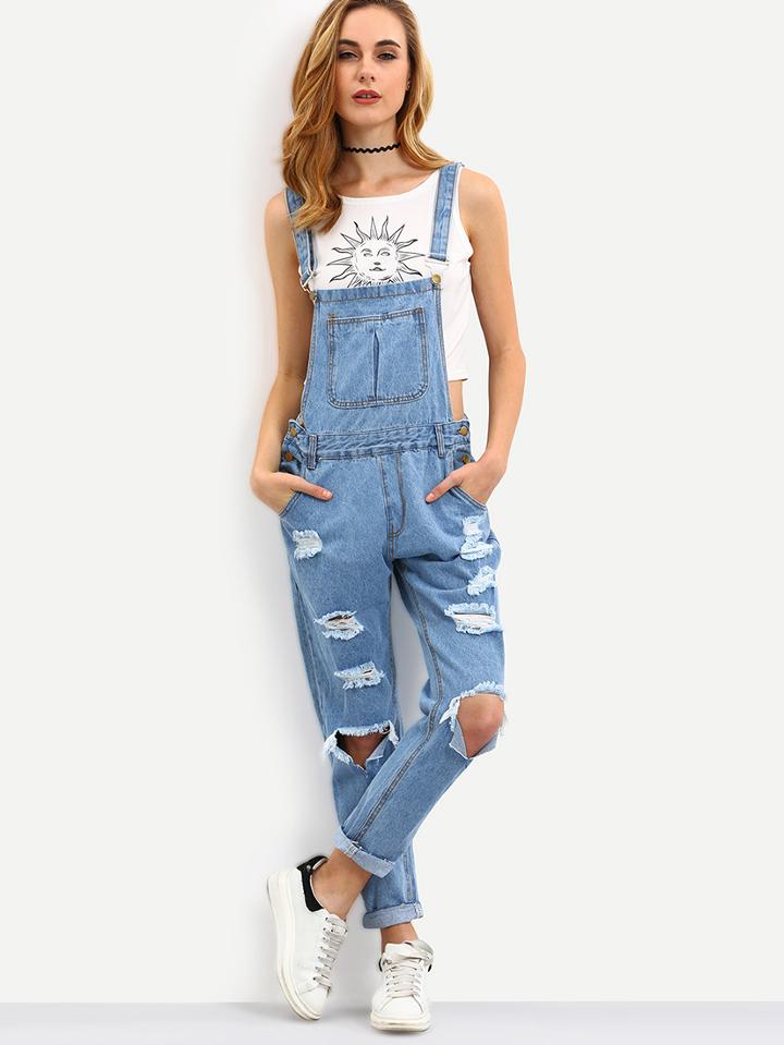 Romwe Blue Straps Ripped Denim Jumpsuit