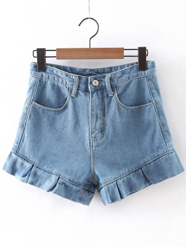 Romwe Light Blue Ruffle Hem Pockets Zipper Shorts