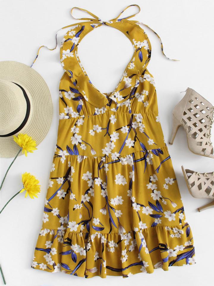 Romwe Floral Print Open Back Halter Dress