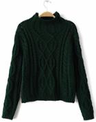 Romwe Dark Green High Neck Vintage Cable Sweater