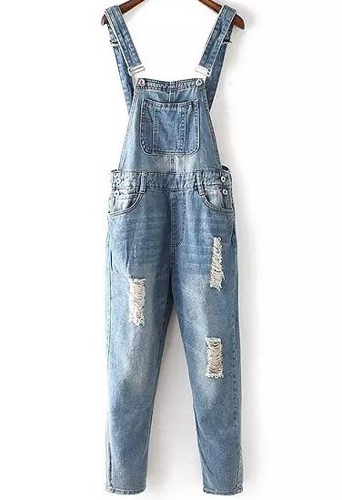 Romwe Blue Strap Ripped Slim Jumpsuit