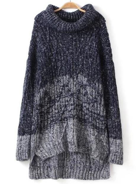 Romwe High Neck Dipped Hem Knit Navy Ombre Sweater
