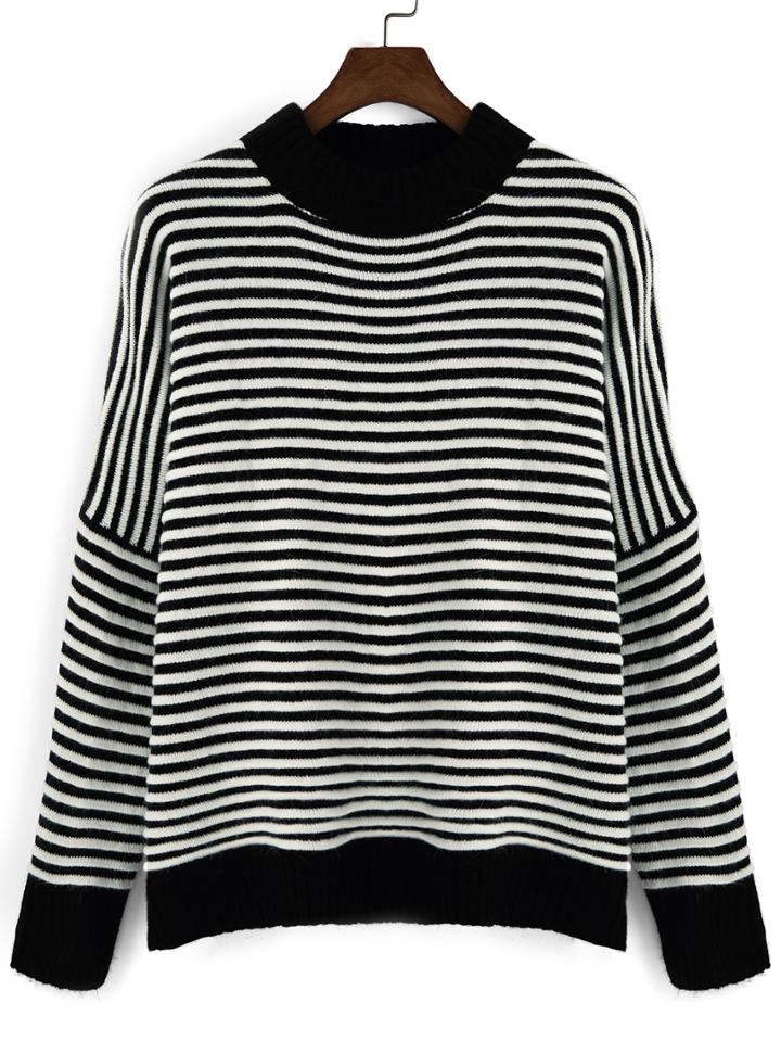 Romwe Contrast Collar Striped Black Sweater
