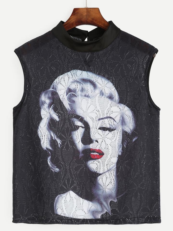 Romwe Monroe Print Eyelet Blouse