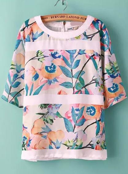Romwe With Zipper Florals Chiffon Top