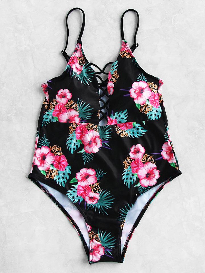 Romwe Calico Print Criss Cross Front Swimsuit
