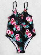 Romwe Calico Print Criss Cross Front Swimsuit