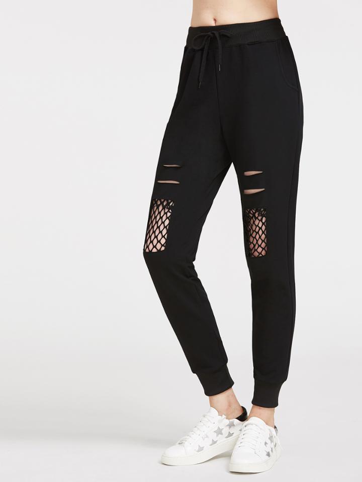 Romwe Fishnet Insert Ripped Drawstring Waist Pants