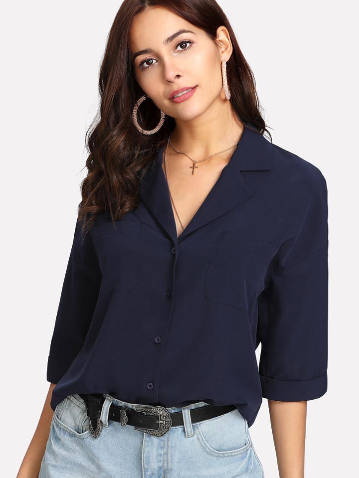 Romwe Notch Collar Drop Shoulder Button Up Top