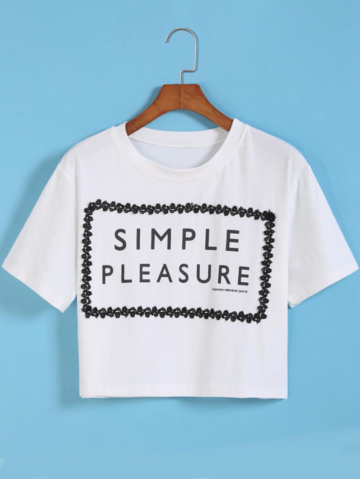 Romwe With Lace Letter Print White T-shirt