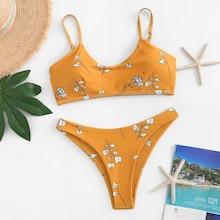 Romwe Floral Print Top With High Leg Bikini Set