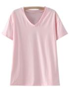 Romwe Pink V Neck Short Sleeve Casual T-shirt