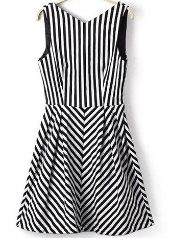 Romwe Black White V Neck Vertical Stripe Dress