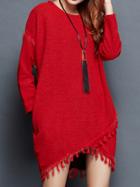 Romwe Wrap Fringe Loose Red Sweater Dress