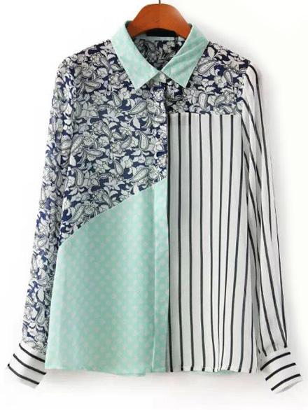 Romwe Color-block Vertical Striped Paisley Print Blouse