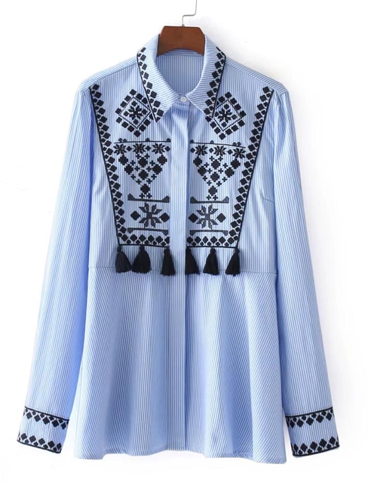 Romwe Tassel Embellished Embroidered Stripe Blouse