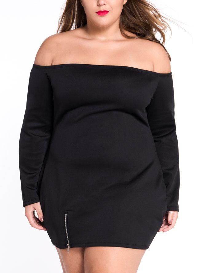Romwe Black Off The Shoulder Zip Embellished Dress